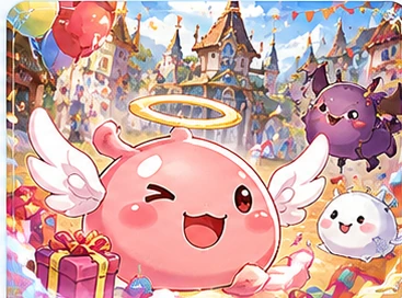 Mascotes Poring em uma celebração colorida