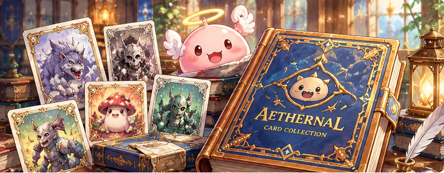 Álbum de Cartas AETHERNAL com cartas ilustradas e livro de coleção