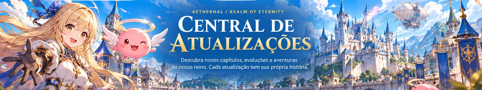 Arte panorâmica AETHERNAL com aventureira, mascote e castelo de Rune-Midgard